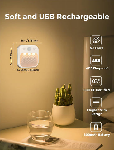 USB rechargeable light on a table with a cactus and glass, featuring dimensions and certification details.