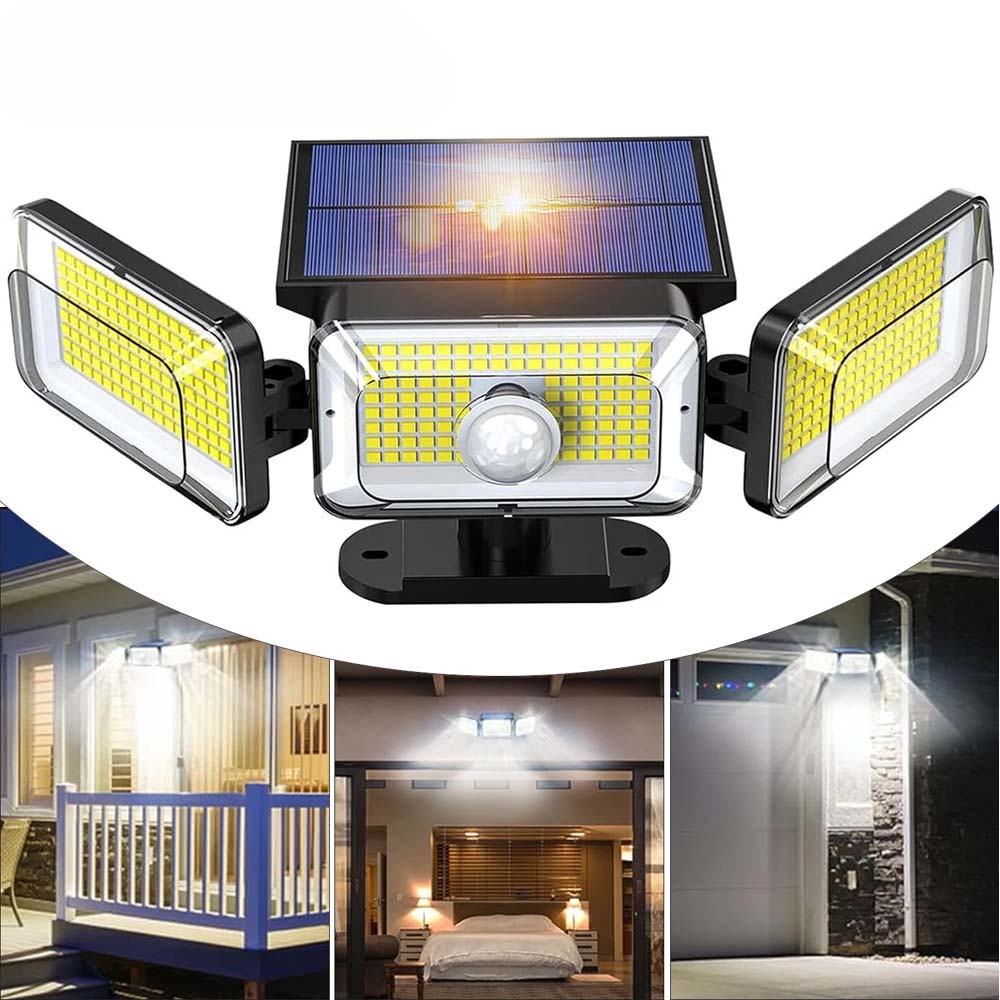 Solar-powered outdoor light fixture with motion sensor on a white background