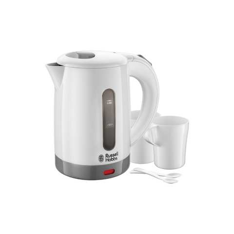White electric kettle with digital display and two white cups on a white background