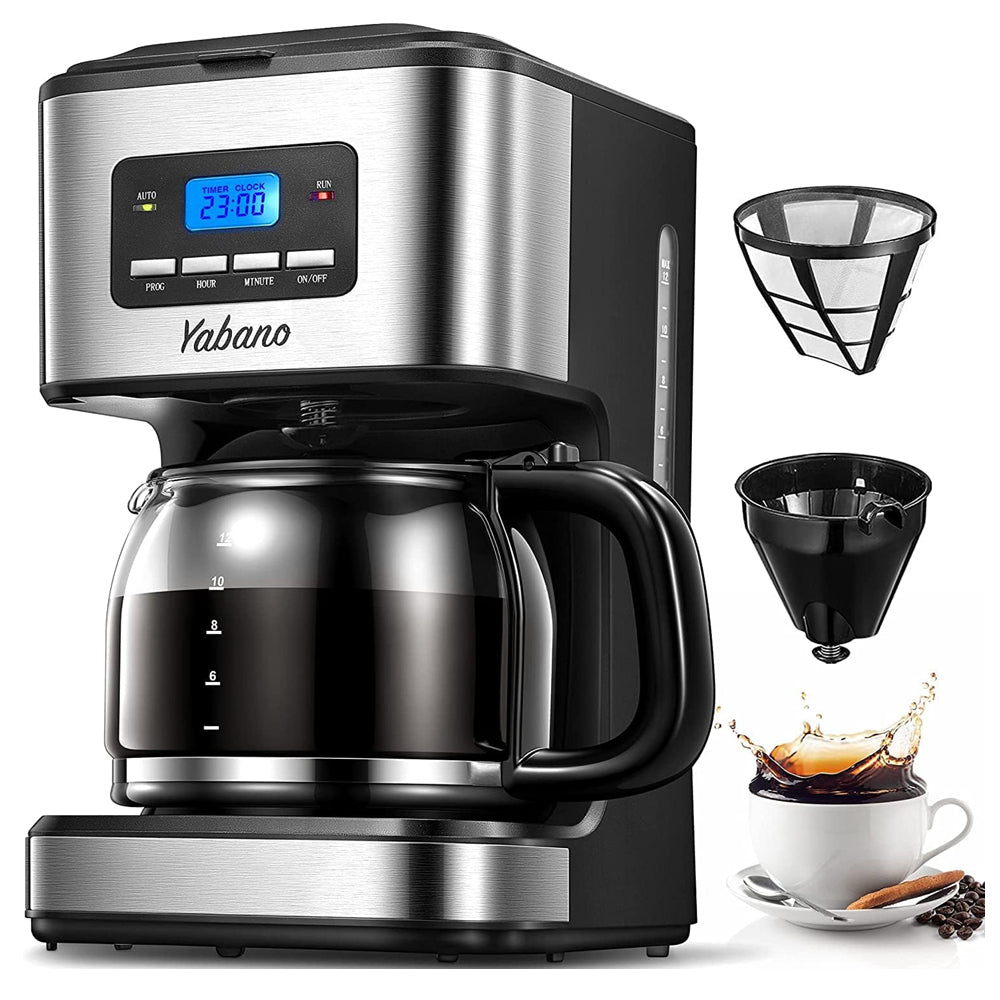 Yabano coffee maker with digital display, filters, and a cup of coffee on a white background