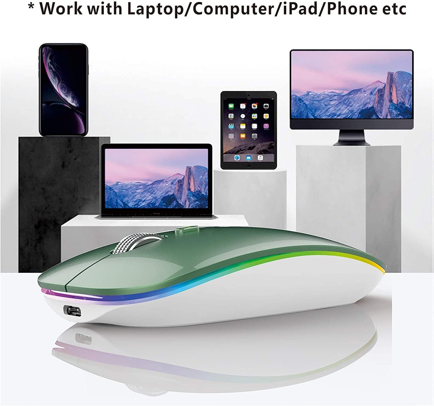 Uiosmuph Bluetooth Mouse, 2.4G & Bluetooth Wireless Mouse for Laptop, Slim Rechargeable Mice Ergonomic Portable Optical Mouse for Notebook/PC/Computer/MacOS/Android (Green)