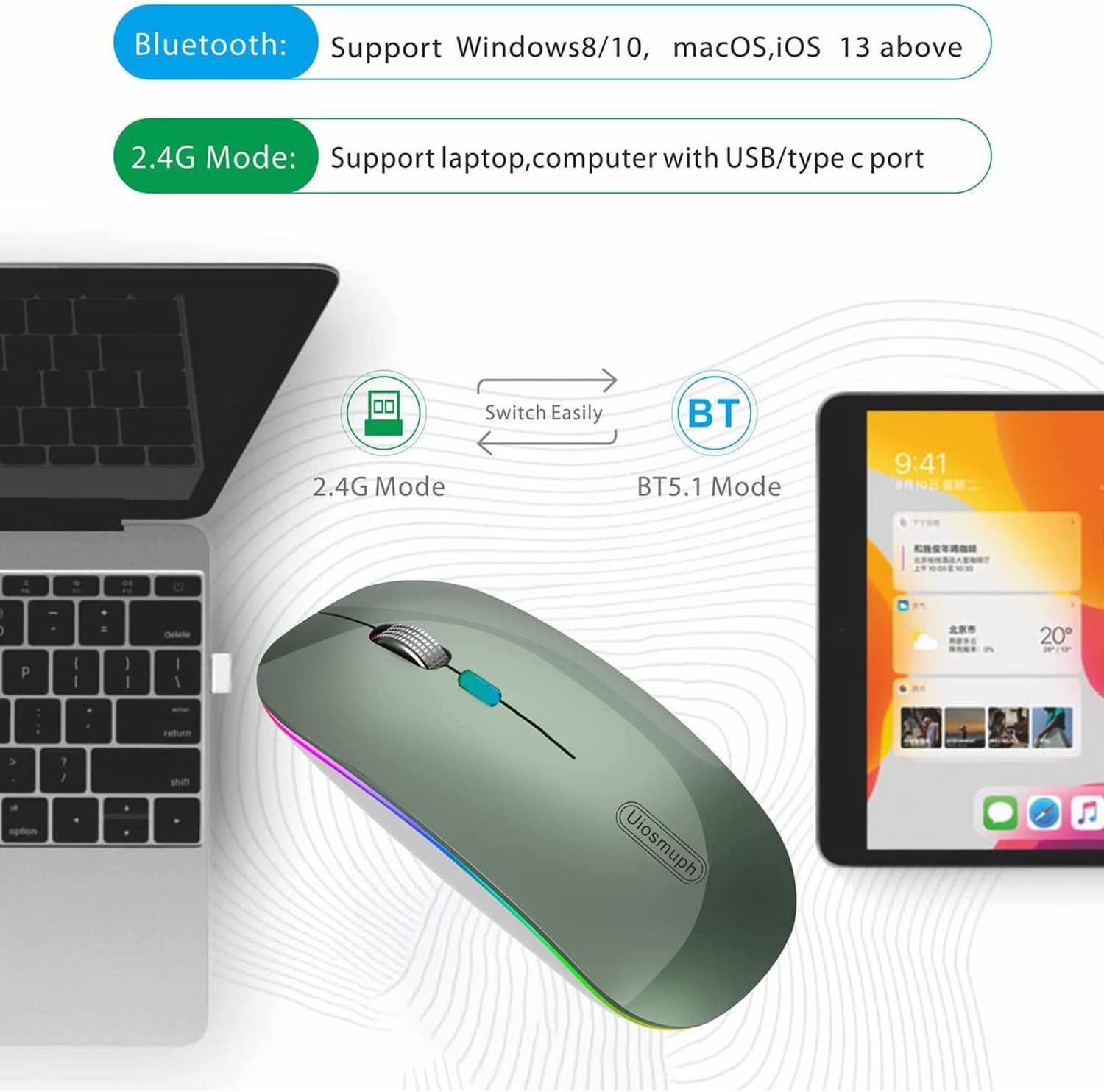 Uiosmuph Bluetooth Mouse, 2.4G & Bluetooth Wireless Mouse for Laptop, Slim Rechargeable Mice Ergonomic Portable Optical Mouse for Notebook/PC/Computer/MacOS/Android (Green)