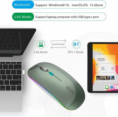 Uiosmuph Bluetooth Mouse, 2.4G & Bluetooth Wireless Mouse for Laptop, Slim Rechargeable Mice Ergonomic Portable Optical Mouse for Notebook/PC/Computer/MacOS/Android (Green)