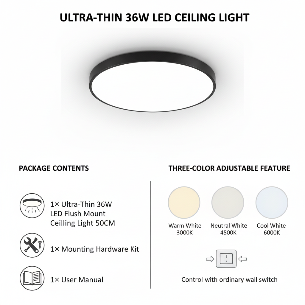 Ultra-thin 36W LED ceiling light with color adjustment features on a white background