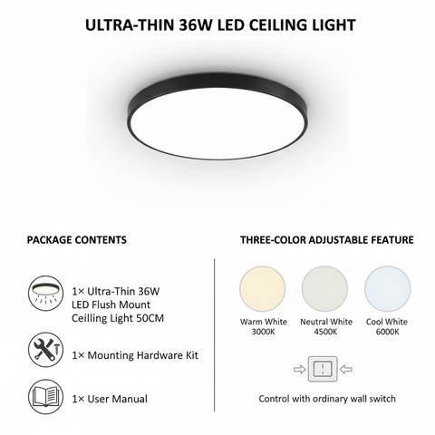 Ultra-thin 36W LED ceiling light with color adjustment features on a white background