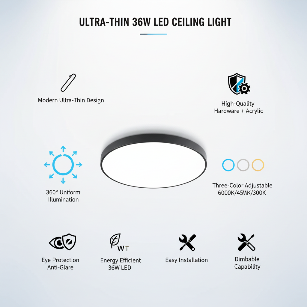Ultra-thin 36W LED ceiling light with features listed on a white background