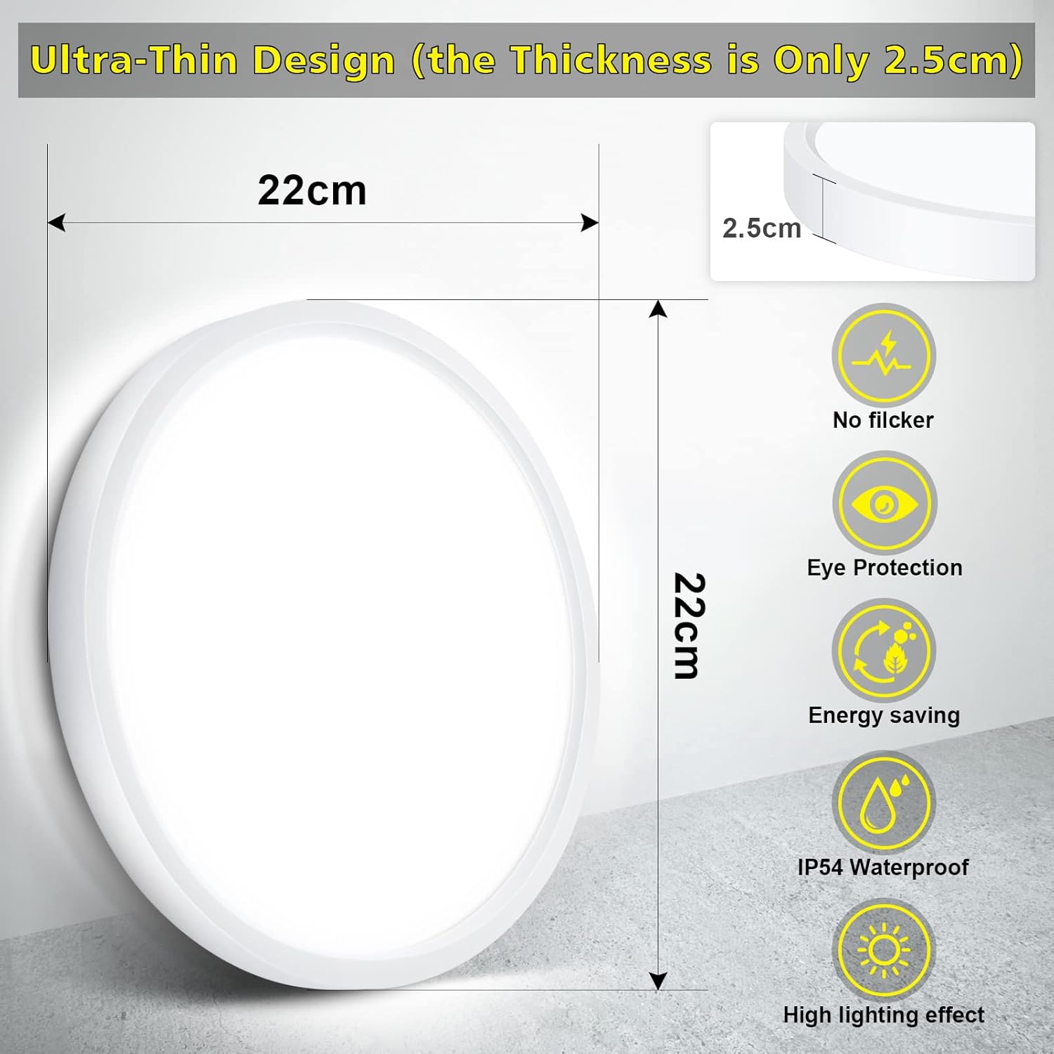 Ultra-thin LED light bulb with dimensions and features on a gray background