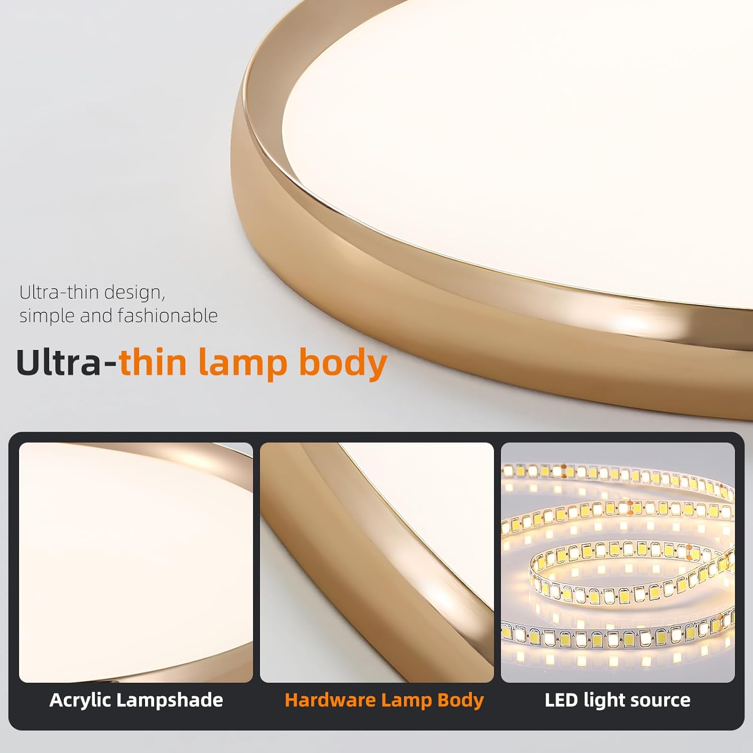 Ultra-thin lamp body with acrylic lampshade and LED light source on a gray background