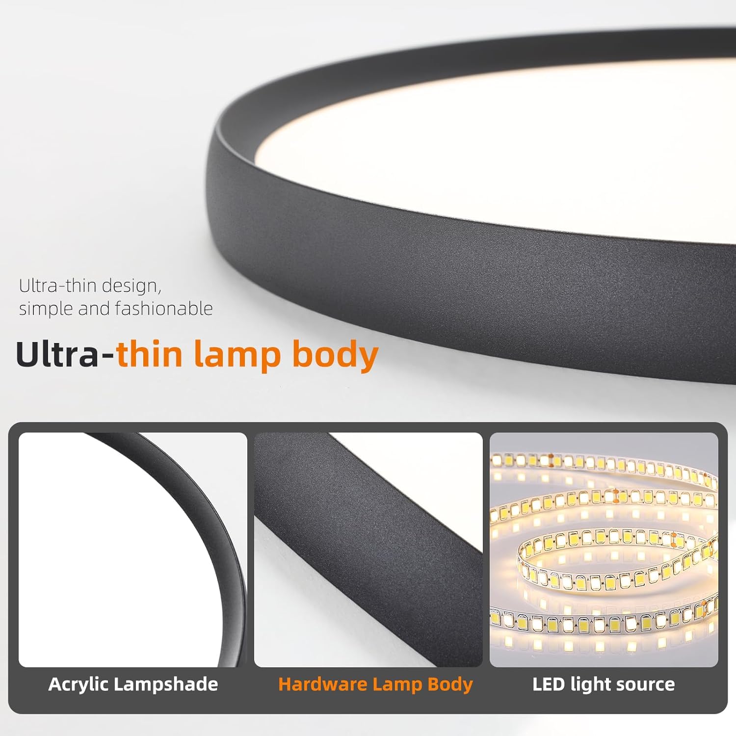 Ultra-thin lamp body with acrylic lampshade, hardware lamp body, and LED light source details.
