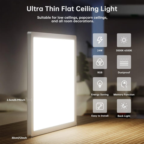Ultra thin flat ceiling light with features listed on a blurred background