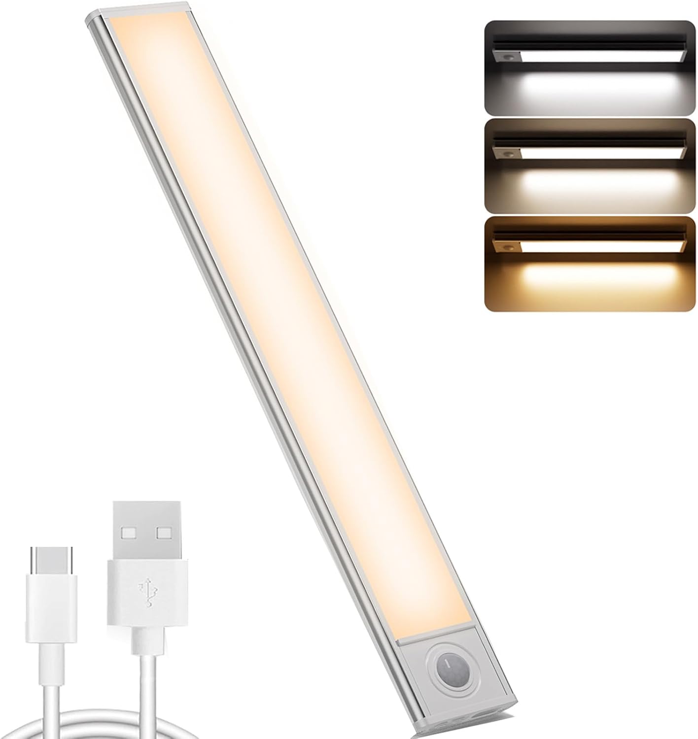 Under-cabinet light with motion sensor and USB cable on a white background