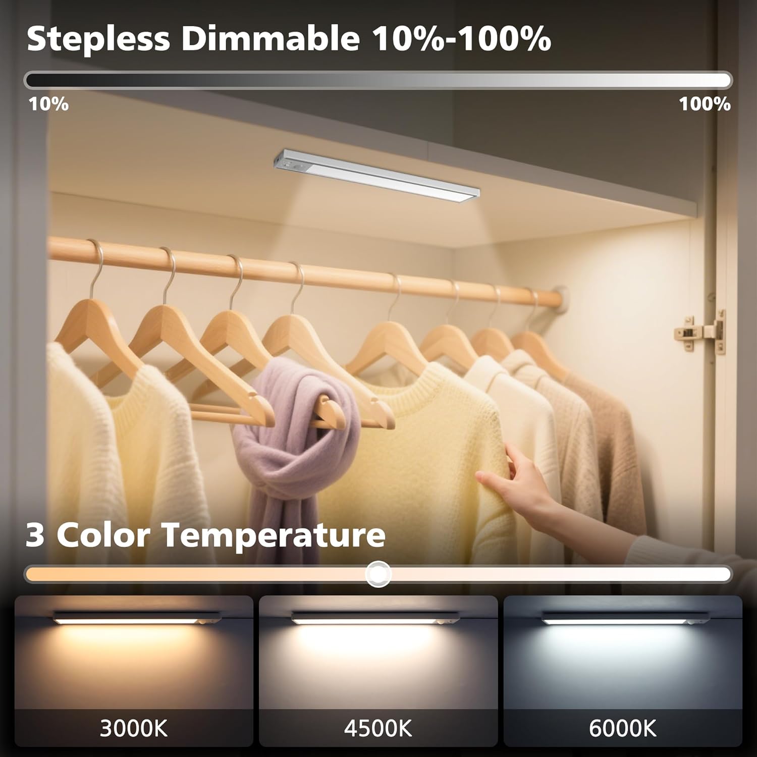 Under-cabinet light with stepless dimming control and color temperature options in a closet setting.