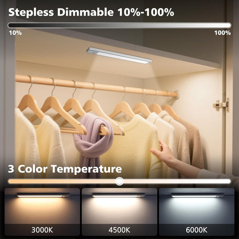 Under-cabinet light with stepless dimming control and color temperature options in a closet setting.