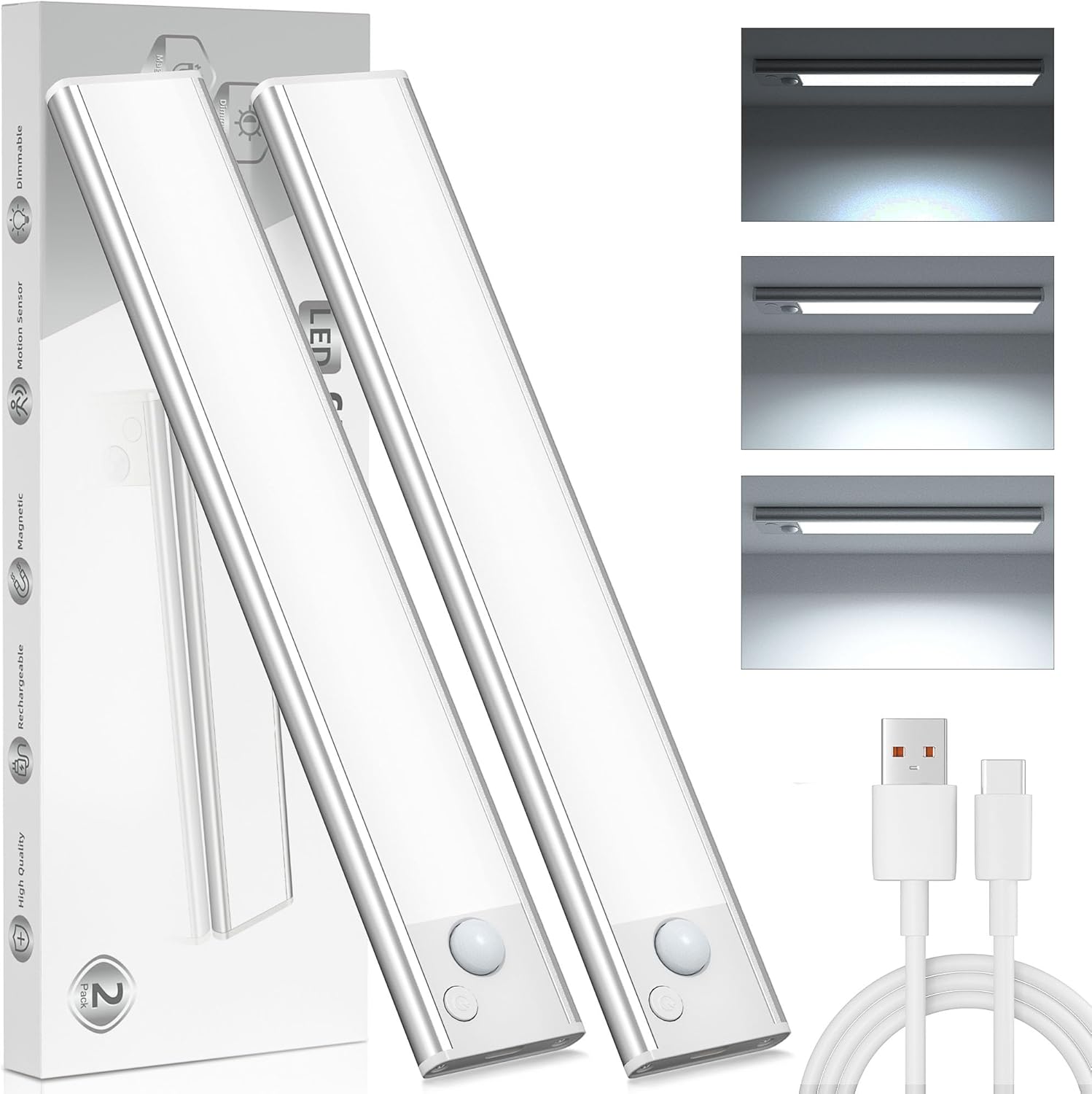 Under Cupboard Kitchen Lights LED – Motion Sensor Rechargeable Cabinet Light, Magnetic Stick-On USB, 6000K Cool White