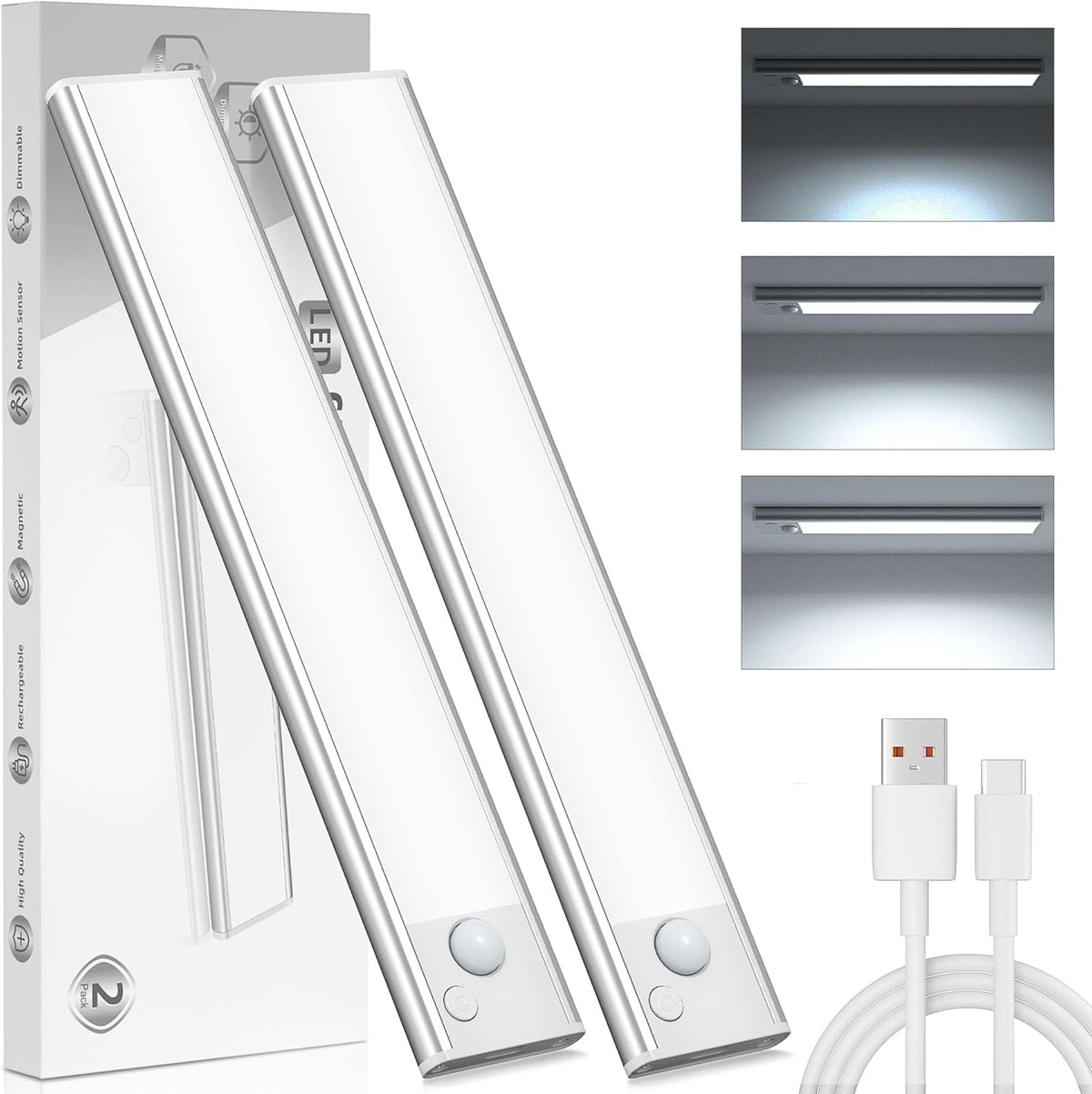 Under Cupboard Kitchen Lights LED – Motion Sensor Rechargeable Cabinet Light, Magnetic Stick-On USB, 6000K Cool White