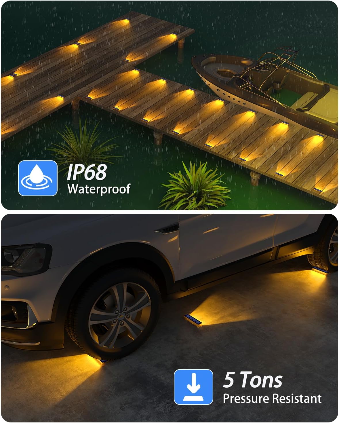 Underground lights on a wooden dock and under a car with IP68 and 5 Tons pressure resistant labels.