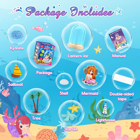 Underwater-themed package contents list with illustrations and text on a blue background.