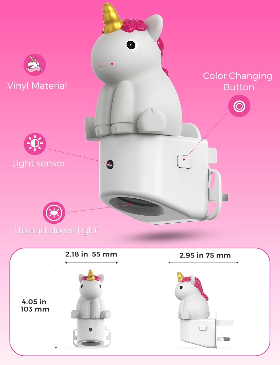 Unicorn-shaped night light with features highlighted on a pink background