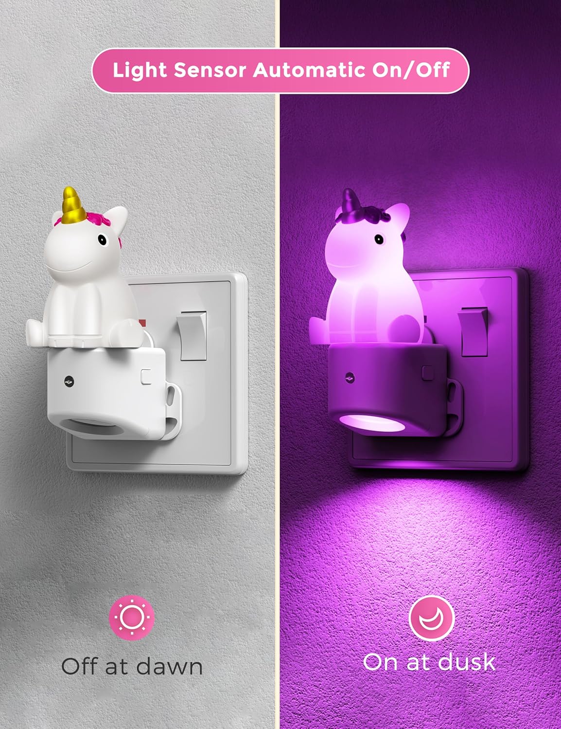 Unicorn-shaped night light with light sensor on a wall switch, showing off at dawn and on at dusk.