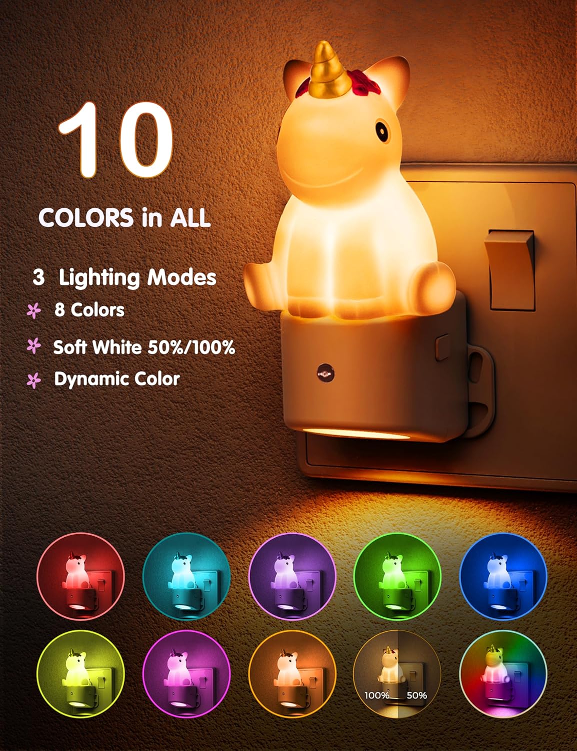 Unicorn night light with color-changing capabilities on a brown background