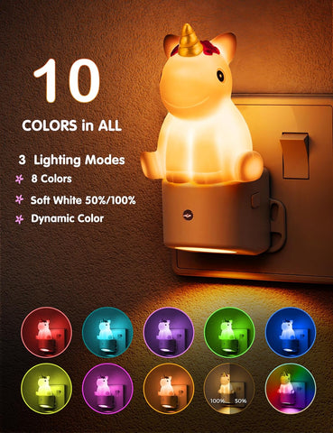 Unicorn night light with color-changing capabilities on a brown background