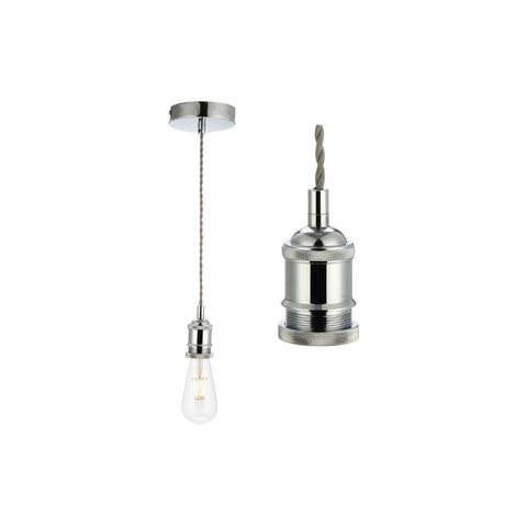 Chrome pendant light fixture with a visible bulb on a white background