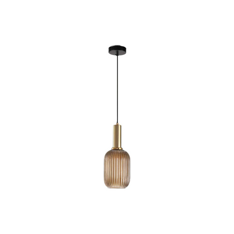 Pendant light with gold fixture and ribbed glass shade on a white background