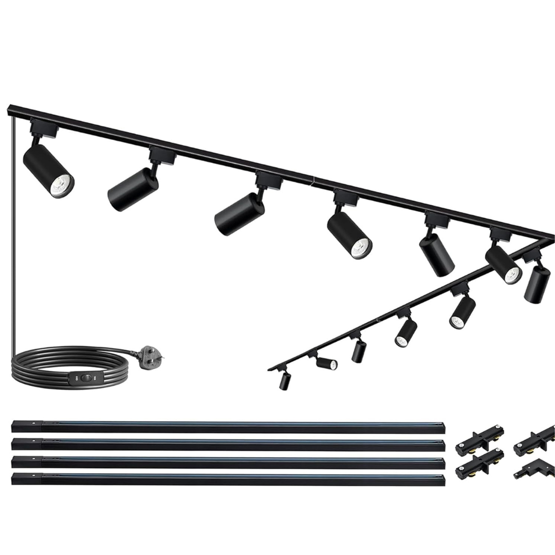 Black outdoor lighting fixture system with lights, cables, and connectors on a white background