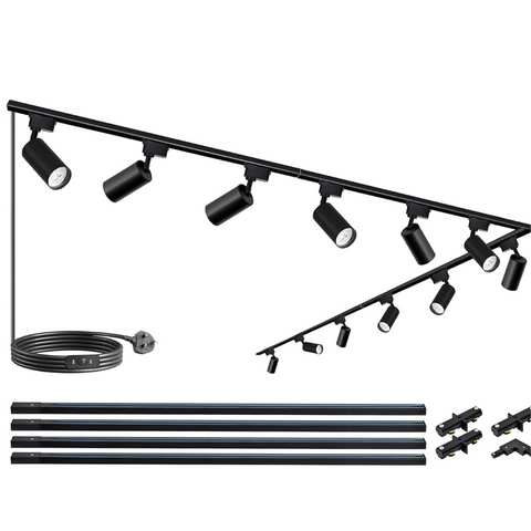Black outdoor lighting fixture system with lights, cables, and connectors on a white background