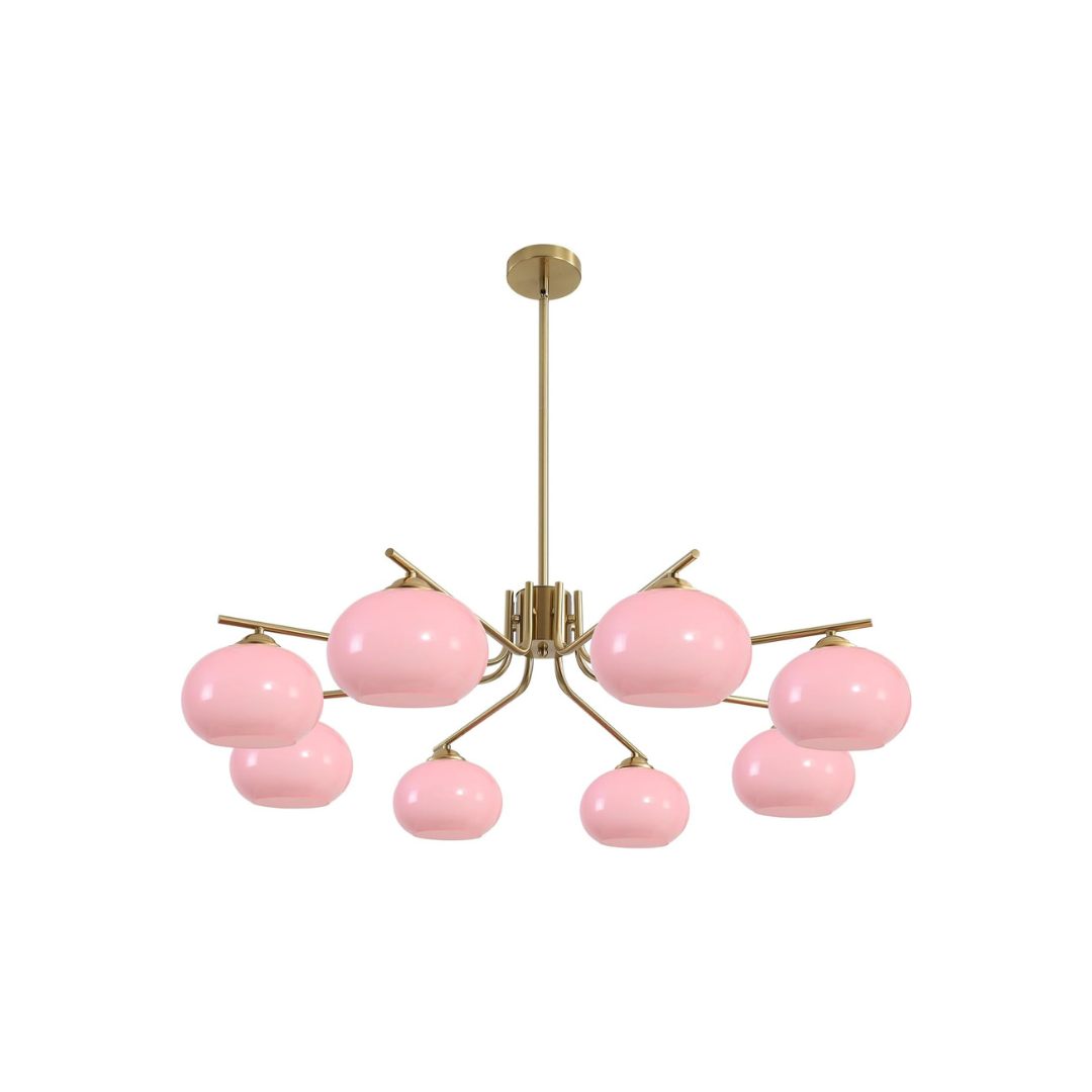 Chandelier with pink glass shades and gold metal structure on a white background