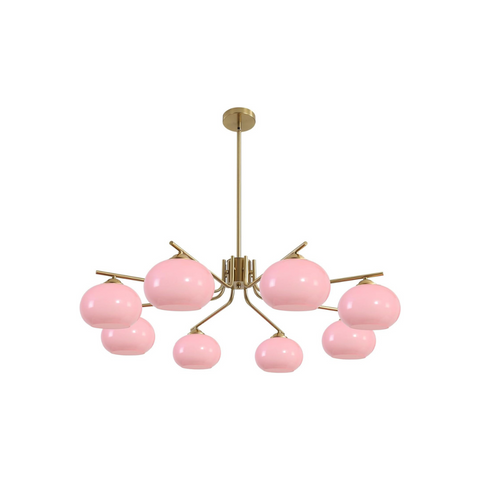 Chandelier with pink glass shades and gold metal structure on a white background