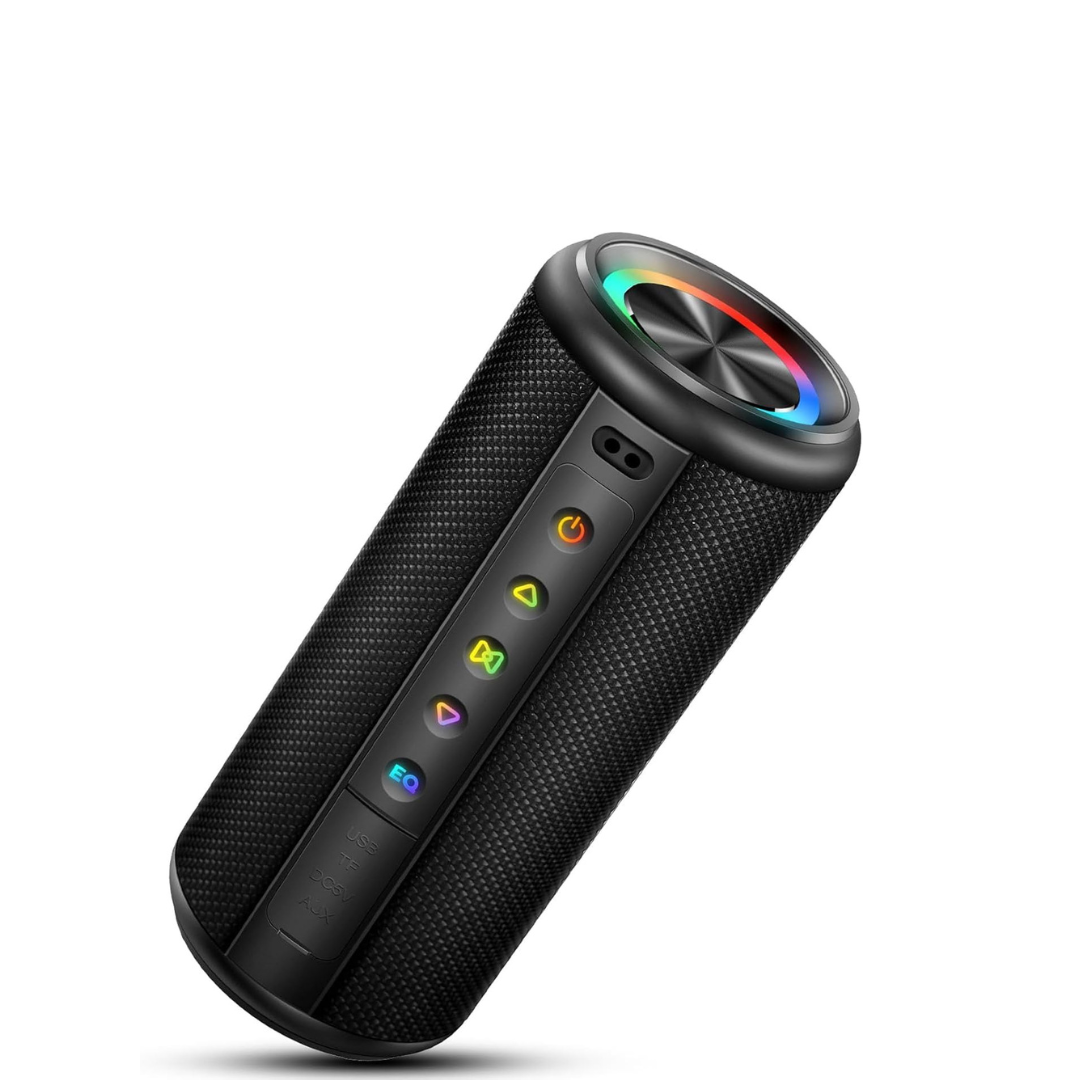 Black portable speaker with colorful LED lights on a white background