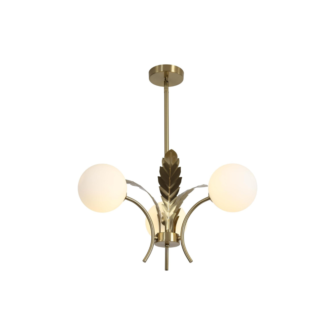 Modern chandelier with brass finish and leaf design on a white background