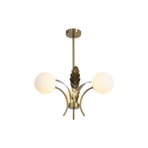 Modern chandelier with brass finish and leaf design on a white background