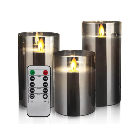 Flameless LED Glass Pillar Candles with Remote & Timer, Real Wax Flickering Wick Battery Operated Candle Set of 3 (4″/5″/6″, Grey)