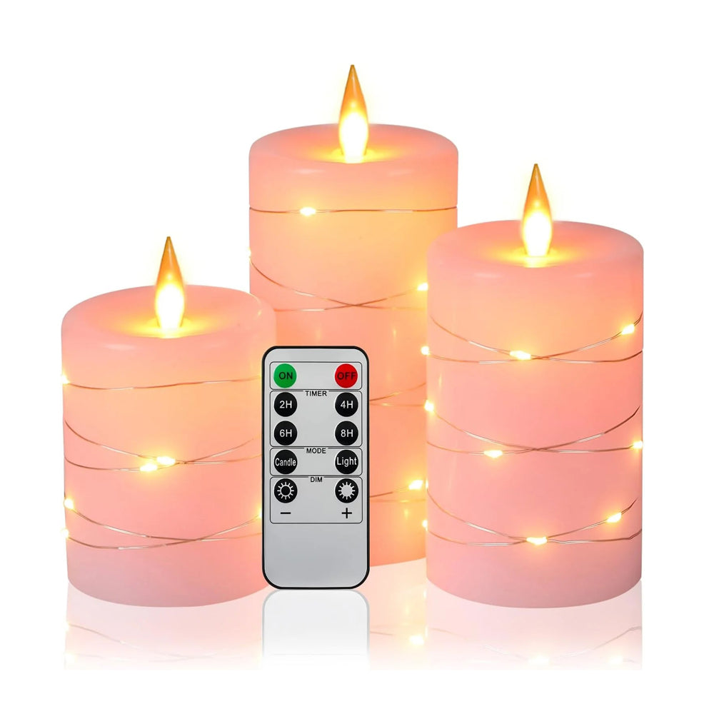 Rose Flameless LED Candles with Starry String Lights, 360° Viewing Angle, Real Wax Dancing Flame Candle Set of 3 with Remote & Timer
