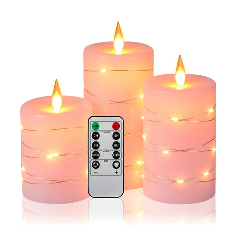 Rose Flameless LED Candles with Starry String Lights, 360° Viewing Angle, Real Wax Dancing Flame Candle Set of 3 with Remote & Timer