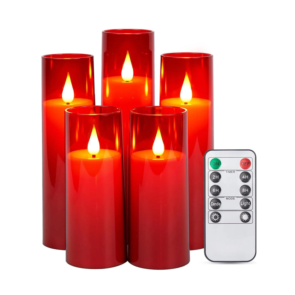 Red Acrylic Flameless LED Pillar Candles Set of 5 with 3D Wick, Battery Operated Flickering Candles with Remote Control & Timer for Home and Event Décor