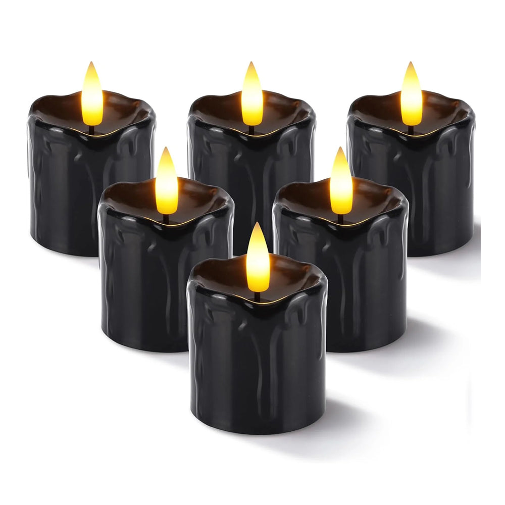 Black Melted Flameless LED Candles Set of 6, Battery Operated Fake Candles with 6H Timer, 400+ Hour Runtime for Halloween & Lantern Décor (2″ × 2″)
