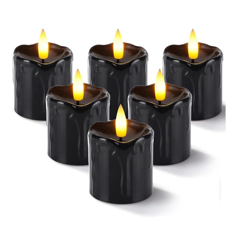 Black Melted Flameless LED Candles Set of 6, Battery Operated Fake Candles with 6H Timer, 400+ Hour Runtime for Halloween & Lantern Décor (2″ × 2″)
