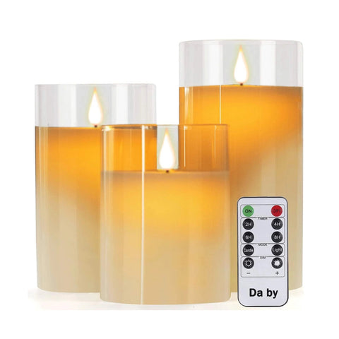 Flameless LED Candles Set of 3 with Glass Effect, Real Wax Pillar Candles Featuring Dancing Flickering Flame, Remote Control & 24-Hour Timer for Home Décor
