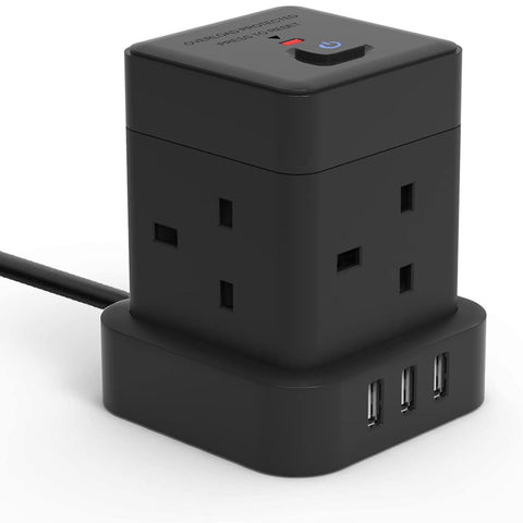 Cube Extension Lead 3M With USB Slots, Baykul 4 Way Extension Cord With 3 USB Ports, Black Long Power Strip With Switch Multi Plug Extension Cable With Overload Protection For Home Travel Office Dorm