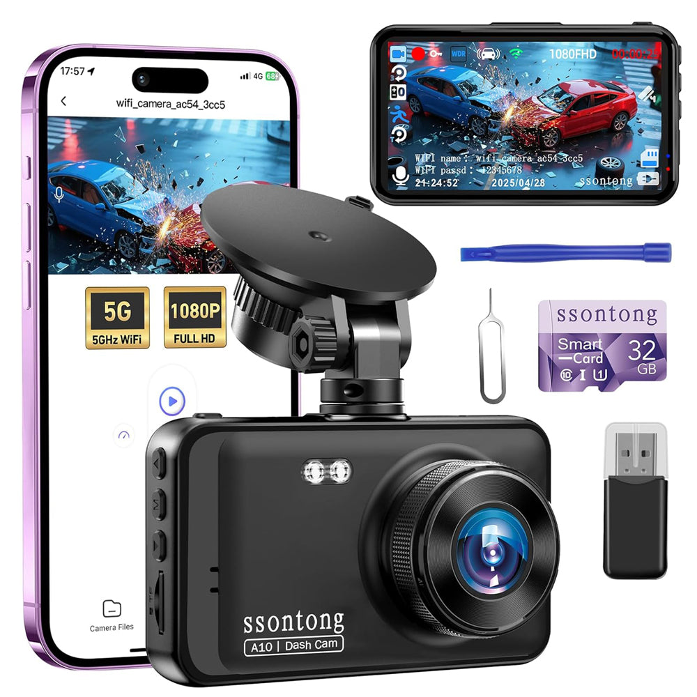 1080P WiFi Dash Cam for Cars, 3" IPS Screen Dash Camera with APP Control, Night Vision, 170° Wide Angle, G-Sensor, Loop Recording, Motion Detection, Parking Mode, Includes 32GB Card