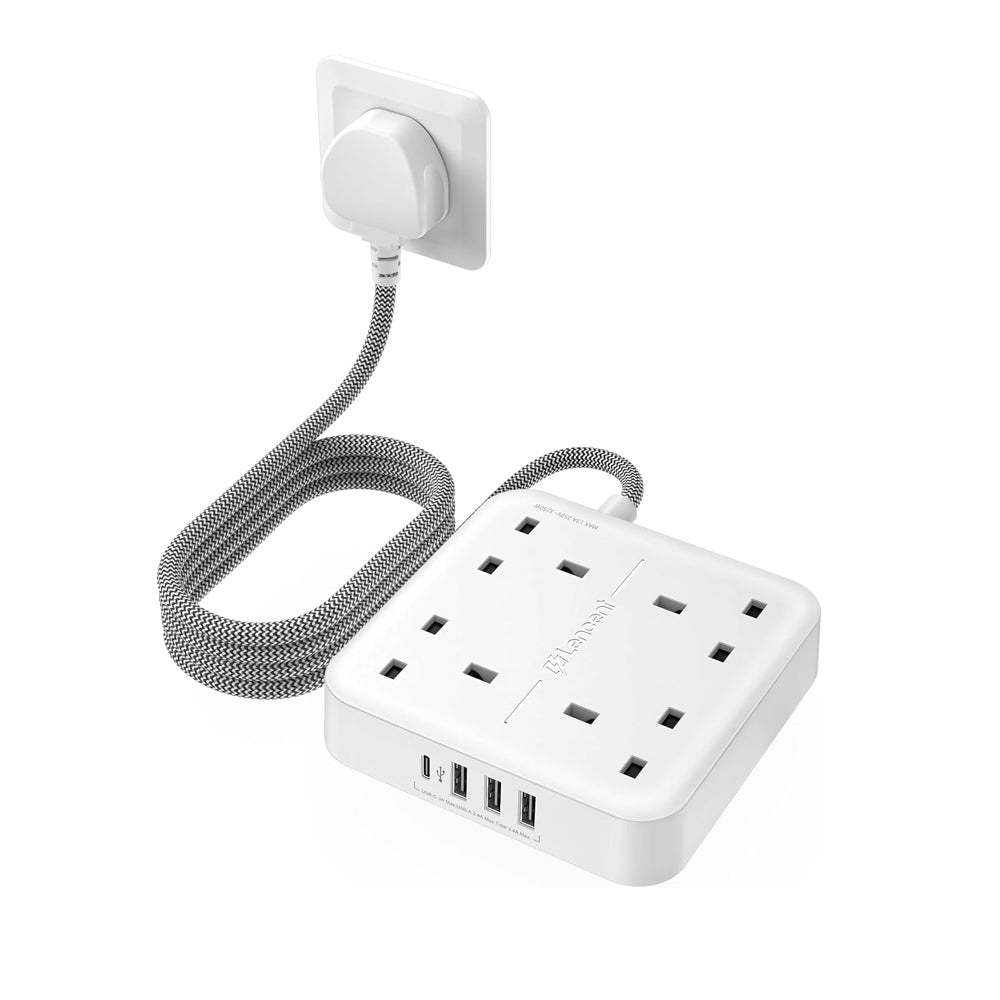 Extension Lead with 4 Way Outlets, 3250W 13A Power Strip, 1.8M Braided Extension Cord, 1 USB-C and 3 USB Slots, Multi Power Plug Extension for Home and Office, White