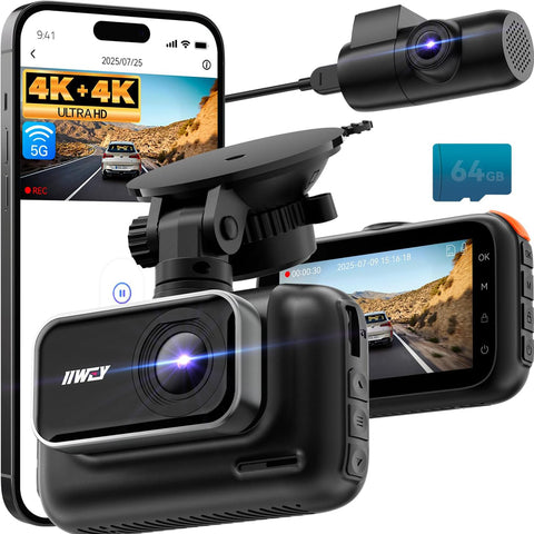 IIWEY Q5 Dual Channel 4K Dash Cam Front & Rear with WiFi and 64GB SD Card