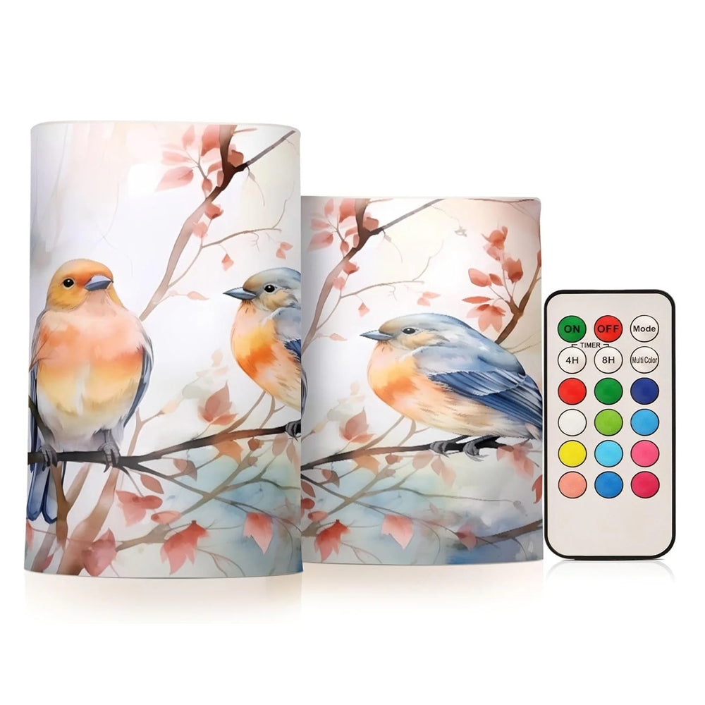 Autumn Birds Flameless LED Candles Set of 2, Flickering Battery Candles with Remote & Timer for Home Décor