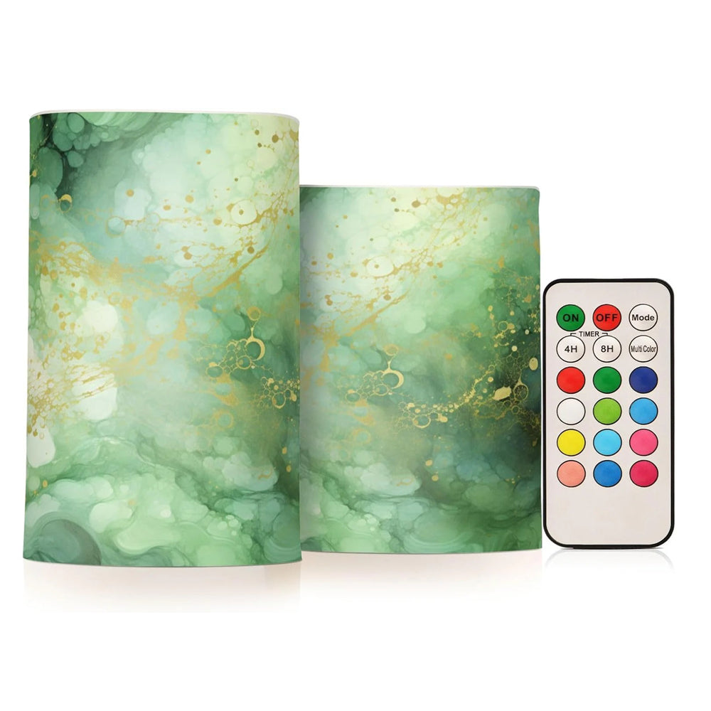 Green Marble Flameless LED Candles Set of 2, Battery Operated Decorative Candles with Remote & Timer