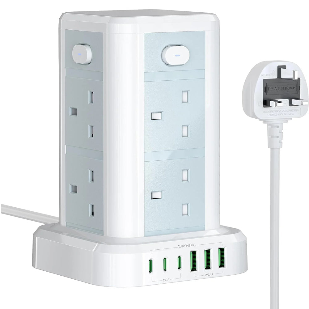 White Tower Extension Lead, 8-Way 3250W with 3 USB-C & 3 USB-A, 4 Switches & 1.8M Cable