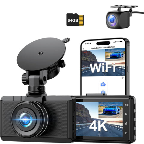 CHORTAU 4K+1080P Dash Cam Front & Rear with WiFi, 64GB, Night Vision