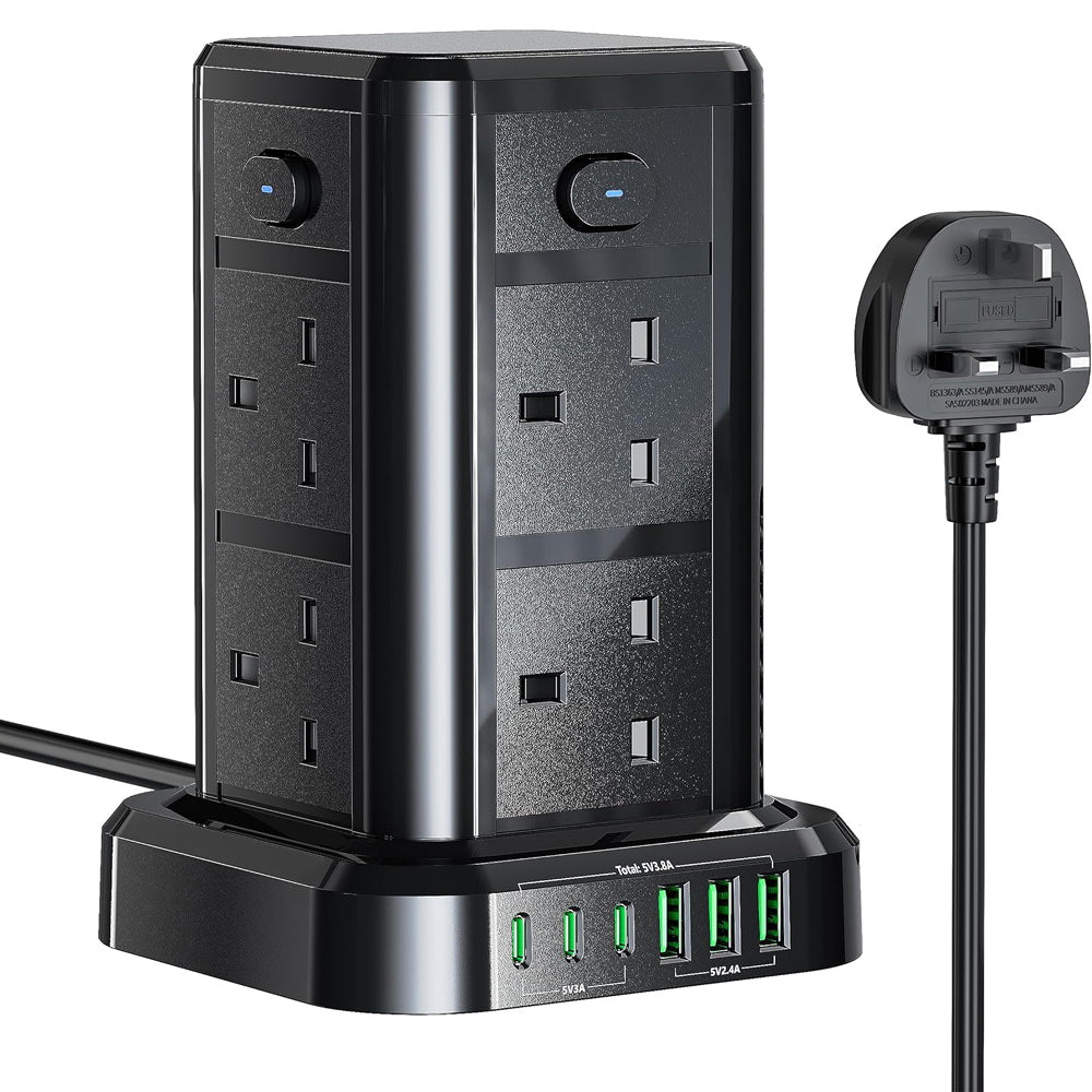 8-Way Tower Extension Lead with USB-C & 6 USB Ports, 3250W Power Strip with 4 Switches, 1.8M Cable – Home & Office